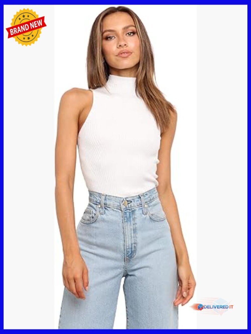 Mock Neck Cropped Tank Top - Stretchy Ribbed Sleeveless Blouse